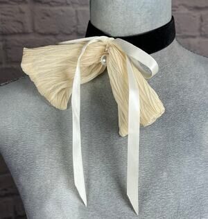 Handmade Black Velvet Choker with Offset Avant Garde Cream Bow & Pearl